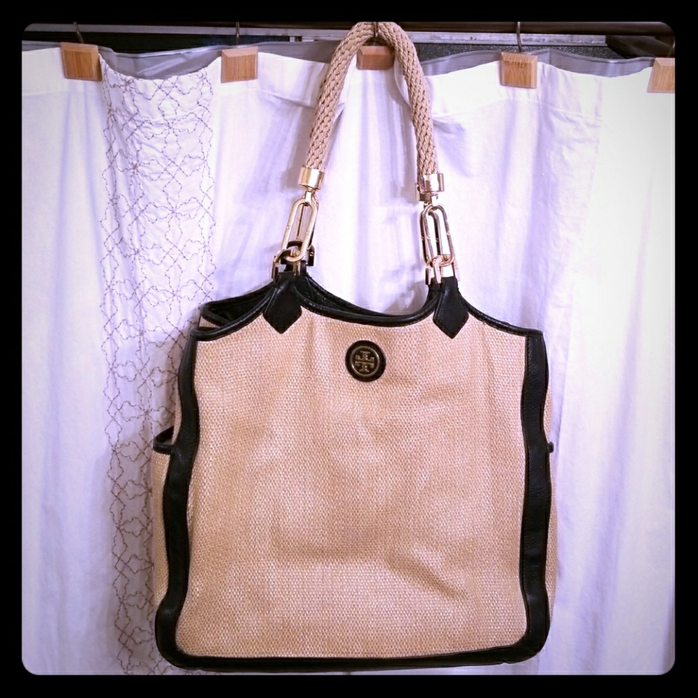 Tory Burch Straw Tote with Black Leather Trim
